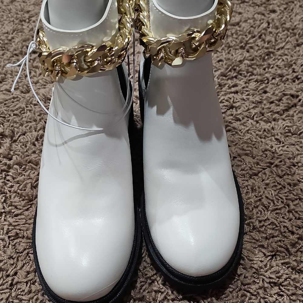 Forever Collectibles White Ankle Boots with Gold Accent